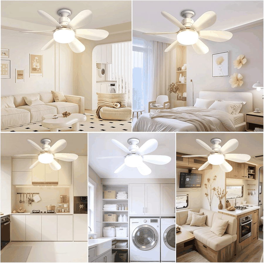 Le ventilateur de plafond LED installé dans cinq pièces différentes : salon, chambre, cuisine, buanderie et van aménagé