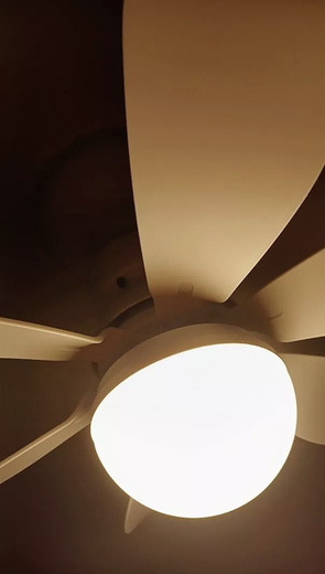 Photo envoyée par le client : le ventilateur LumiFan installé au plafond, lumière allumée